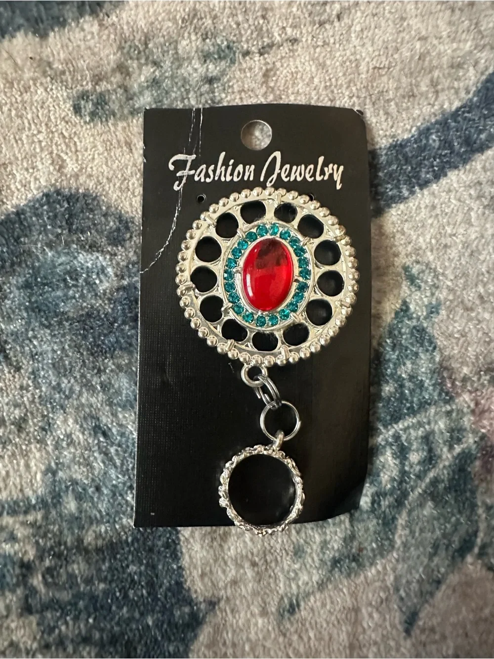 Magnetic Badge Holder Fashion Jewelry Red and Teal Crystal Oval Pendant Keyring